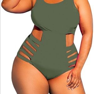 Womens plus size swimwear high waist one piece green olive cutout monokini